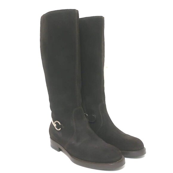 Gucci Slim Horsebit Flat Riding Boots Dark Brown Suede Size 36.5 - Picture 1 of 14